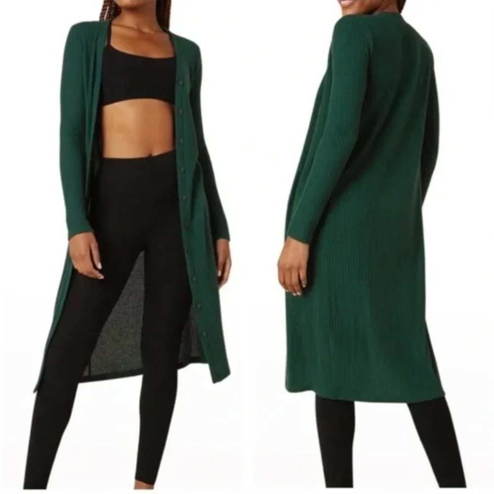Beyond Yoga Your Line Waffle Knit Duster Cardigan Dress L Green Cozy Athleisure
